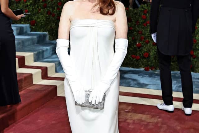 Julianne Moore looked incredible in a Tom Ford white gown at The 2022 Met Gala. (Photo by Dimitrios Kambouris/Getty Images for The Met Museum/Vogue)