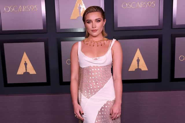 Florence Pugh in a 'naked' white Victoria Beckham dress. (Photo by Jon Kopaloff/Getty Images)