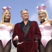Hugh Hefner with Playboy bunnies Sheila Levell and Holly Madison