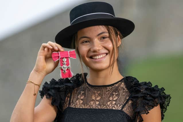 Emma Raducanu looked both a style icon and fashion icon when she wore Dior to pick up her MBE from King Charles.  (Photo by Paul Grover - WPA Pool/Getty Images)
