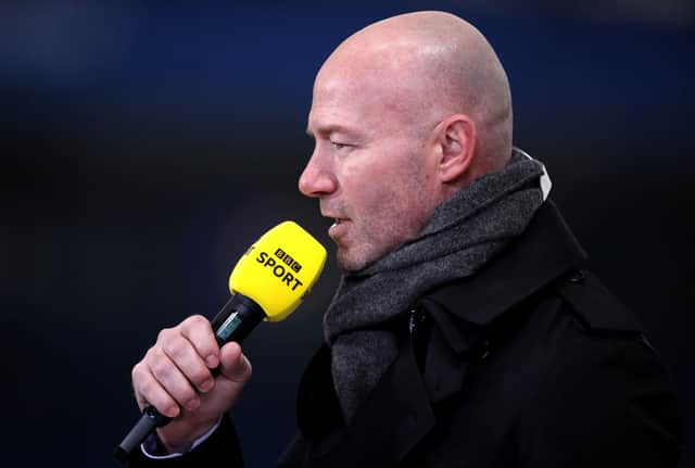 Alan Shearer during the Emirates FA Cup Quarter Final match between Leicester City and Manchester United at The King Power Stadium on March 21, 2021 in Leicester, England (Photo by Alex Pantling/Getty Images)