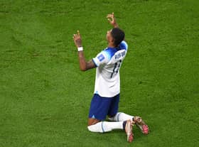 England striker Marcus Rashford celebrates after scoring the first goal against Wales. Credit: Stu Forster/Getty Images