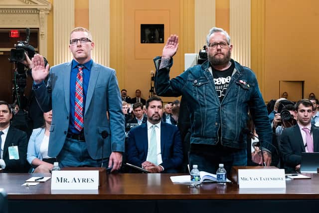 Stephen Ayres (L), who entered the U.S. Capitol illegally on January 6, 2021, and Jason Van Tatenhove (R), who served as national spokesman for the Oath Keepers and as a close aide to Oath Keepers founder Stewart Rhodes are sworn-in (Photo: Getty Images)