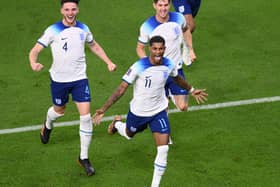 England striker Marcus Rashford celebrates with team mates after scoring against Wales. (Getty Images)