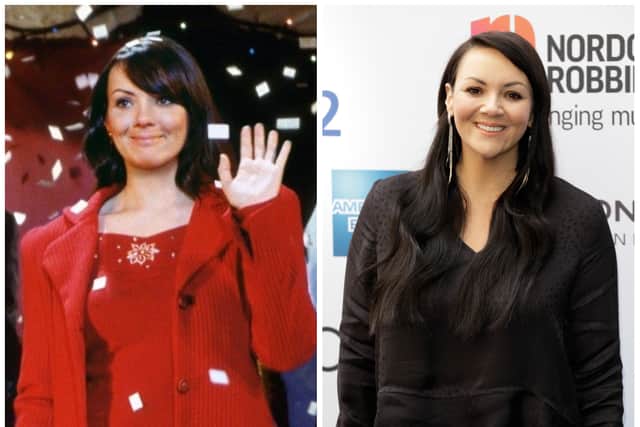 Martine McCutcheon as Natalie in Love Actually in 2003; Martine McCutcheon at Nordoff Robbins O2 Silver Clef awards in 2017 (Credit: Universal; John Phillips/Getty Images)