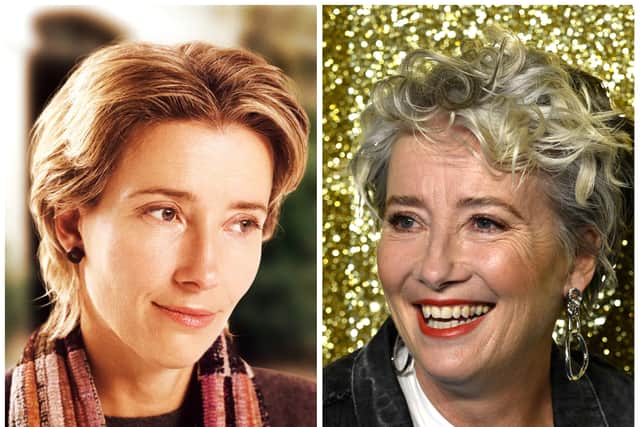 Emma Thompson as Karen in Love Actually in 2003; Emma Thompson at the UK Gala Screening of “Matilda The Musical” in 2022 (Credit: Universal; Gareth Cattermole/Getty Images)