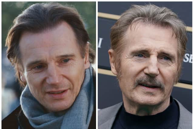 Liam Neeson as Daniel in Love Actually in 2003; Liam Neeson at the Zurich Film Festival in 2022 (Credit: Universal; Thomas Niedermueller/Getty Images for ZFF)