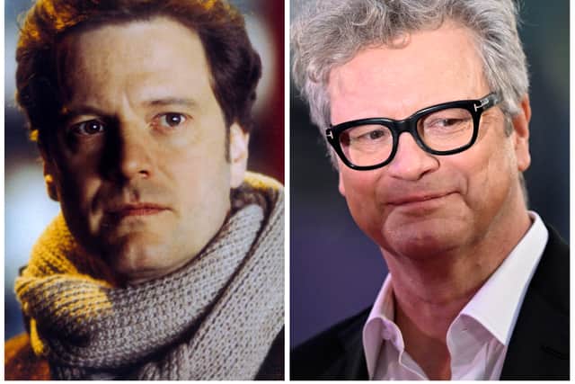Colin Firth as Jamie in Love Actually in 2003; Colin Firth at the Empire of Light premier in 2022 (Credit: Universal; Gareth Cattermole/Getty Images for Walt Disney Studios Motion Pictures UK)