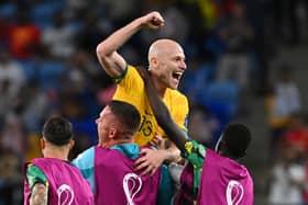 Aaron Mooy of Australia celebrates after the1-0 win over Denmark (Getty Images)