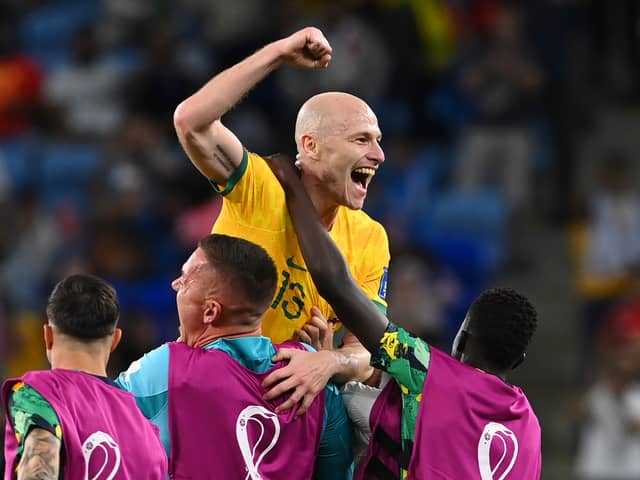 Aaron Mooy of Australia celebrates after the1-0 win over Denmark (Getty Images)