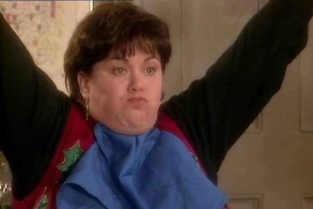 Geraldine Granger, played by Dawn French, looking triumphant after one of her four meals in the Christmas TV special, broadcast on Christmas Day in 1996. Dawn French/Vicar of Dibley/BBC