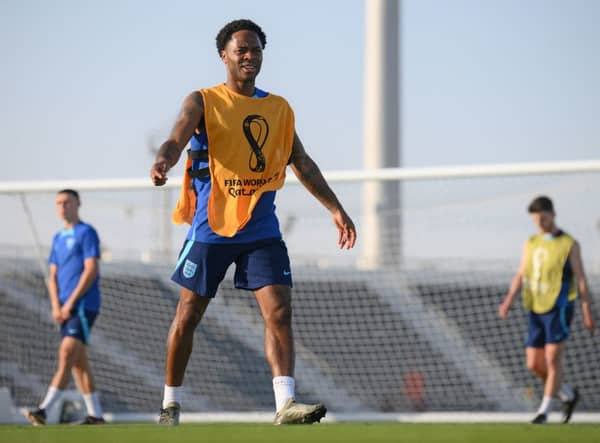 Raheem Sterling training with England in Qatar, before he left after reports burglars targeted his plush Surrey mansion. Credit: PAUL ELLIS/AFP via Getty Images
