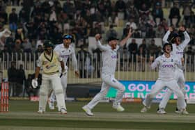 England celebrate the final wicket of Naseem Shah in Rawalpindi