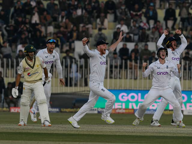 England celebrate the final wicket of Naseem Shah in Rawalpindi