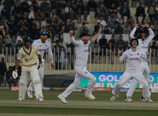 <p>England celebrate the final wicket of Naseem Shah in Rawalpindi</p>
