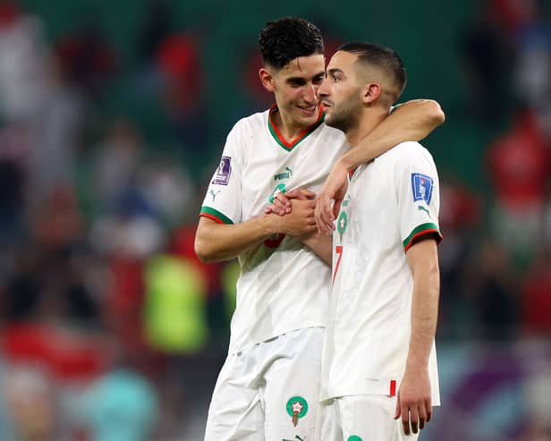 Nayef Aguerd and Hakim Ziyech celebrate their 2-1 win over Canada