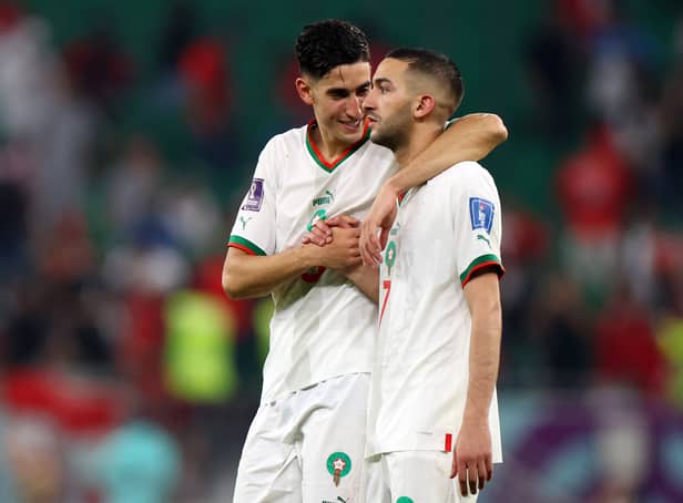 <p>Nayef Aguerd and Hakim Ziyech celebrate their 2-1 win over Canada</p>