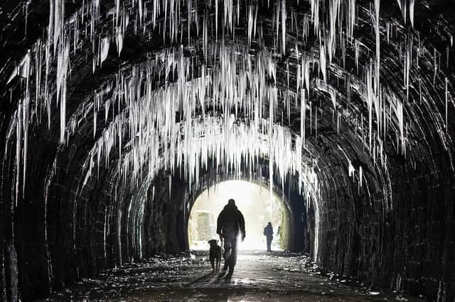  Icicles hang from the roof of the Hopton Tunnel on the High Peak Trail in Derbyshire during a cold snap in 2021 (Photo: Getty Images)