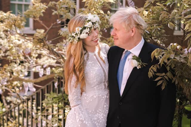 Carrie Johnson rented a Costarellos dress for her big day to Boris. (Photo by Rebecca Fulton / Downing Street via Getty Images)