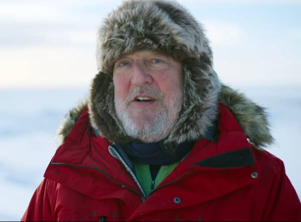 Stephen Fry, filming on location in Iceland for A Year on Planet Earth (Credit: ITVX/Plimsoll Productions)