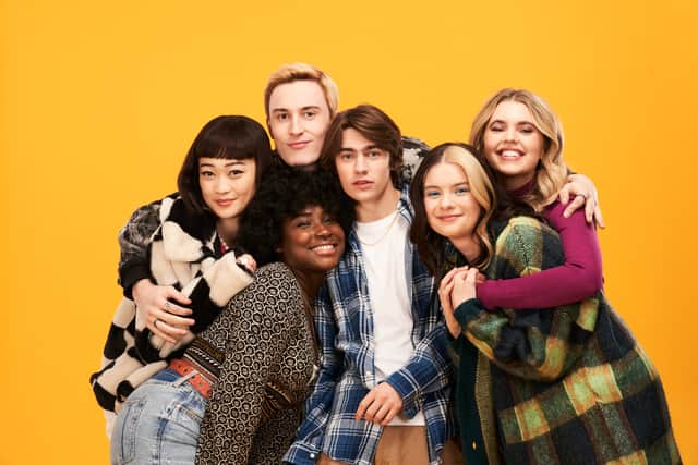 Lauryn Ajufo as Neve, Spike Fearn as Louis, Callina Liang as Mei, Eden H. Davies as Jonny, Tessa Lucille as Regan, and Carla Woodcock as Zia in Tell Me Everything (Credit: ITVX/Noho Film and Television)