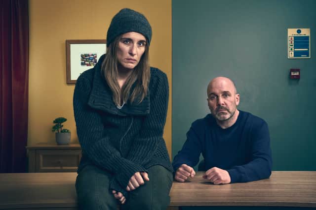 Vicky Mcclure as Stella Tomlinson with Johnny Harris as Charles Stone in Without Sin (Credit: ITVX)
