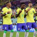 Vinicius Jr celebrates with Raphinha, Paqueta and Neymar after scoring Brazil’s first goal