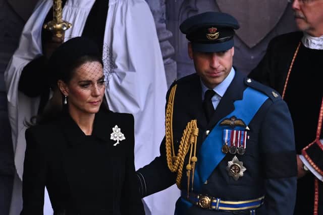 The Princess of Wales paid tribute to the late Queen by wearing her pearl and diamond brooch. (Photo by Ben Stansall - WPA Pool/Getty Images)