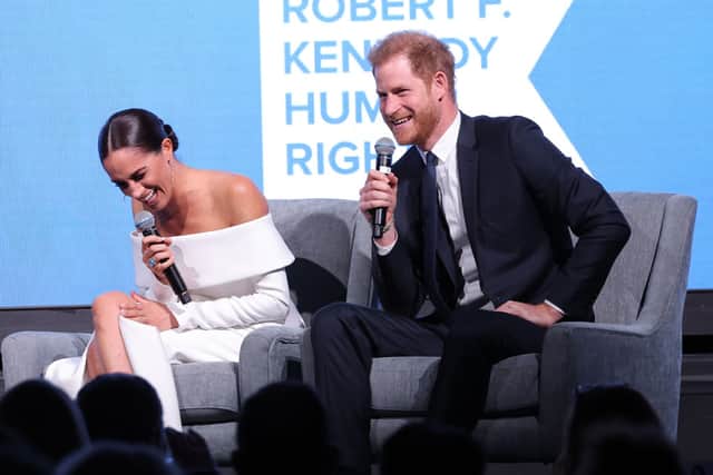 Meghan, Duchess of Sussex and Prince Harry, Duke of Sussex speak onstage at the 2022 Robert F. Kennedy Human Rights Ripple of Hope Gala at New York Hilton on December 06, 2022 in New York City. (Photo by Mike Coppola/Getty Images for 2022 Robert F. Kennedy Human Rights Ripple of Hope Gala)