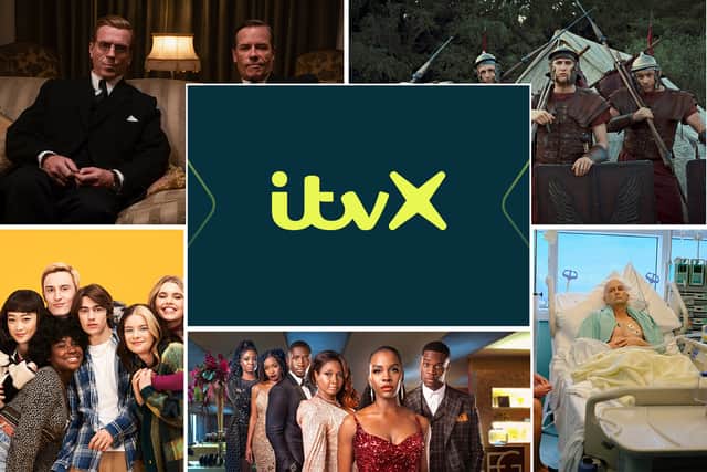 The ITVX logo, surrounded by images from the shows A Spy Among Friends, Plebs, Tell Me Everything, Riches, and Litvinenko (Credit: ITVX)