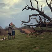 Harry, Meghan, and their dog, next to a tree, shot from behind from a short distance away (Credit: Netflix)