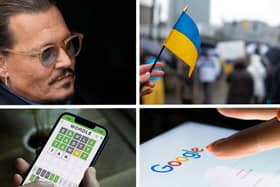 Composite of Johnny Depp, Ukraine flag, Wordle and Google search for most searched trends of 2022 (Getty / Adobe Stock Images)
