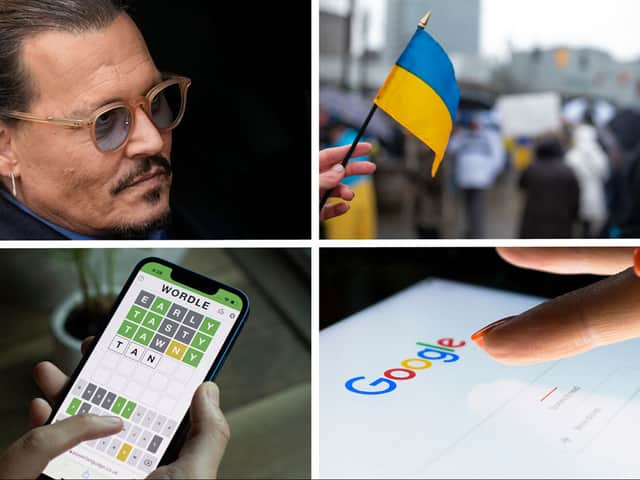 <p>Composite of Johnny Depp, Ukraine flag, Wordle and Google search for most searched trends of 2022 (Getty / Adobe Stock Images)</p>