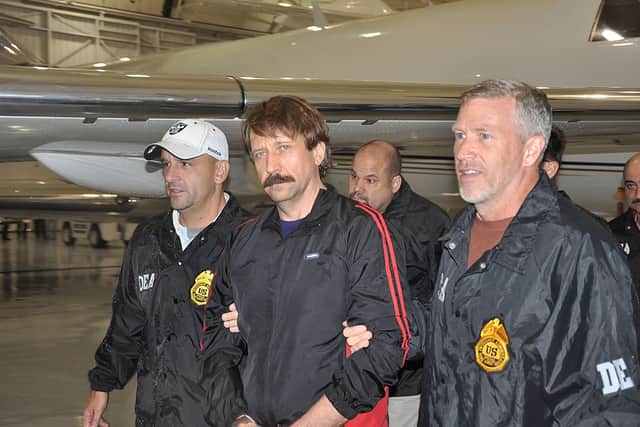 Former Soviet military officer and arms trafficking suspect Viktor Bout deplanes after arriving at Westchester County Airport on November 16, 2010. Credit: Getty Images