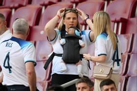 Lauren Fryer, girlfriend of footballer Declan Rice, with the couple’s son Jude in 2022. Fryer has been subjected to abuse about her looks by online trolls. (Photo by Matthias Hangst/Getty Images)
