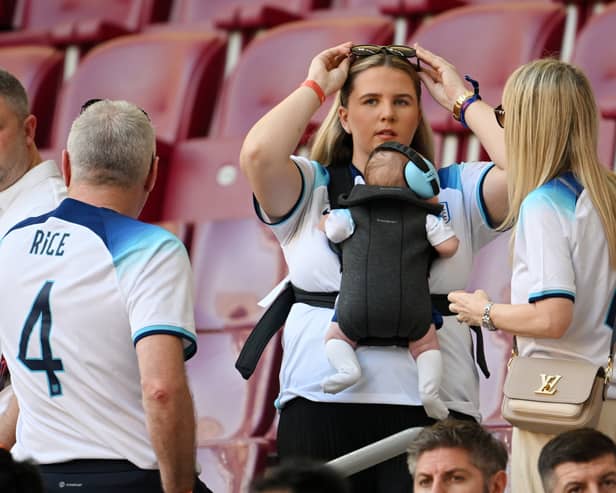 Lauren Fryer, girlfriend of Declan Rice of England, looks on from the stands prior to the FIFA World Cup Qatar 2022 match between England and Iran in Doha, Qatar. Picture: Matthias Hangst/Getty Images