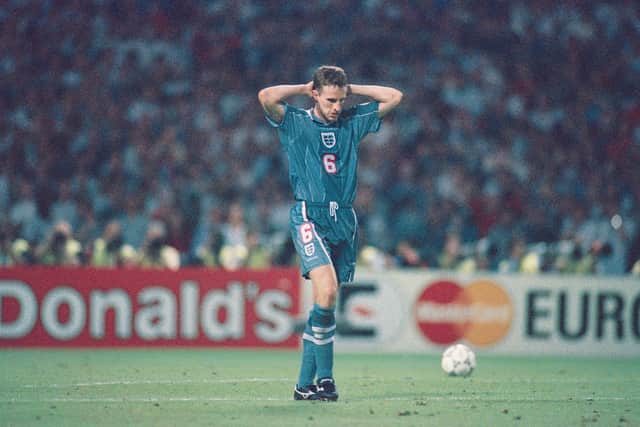 Gareth Southgate missed his penalty during the penalty shoot out between England and Germany. (Getty Images)