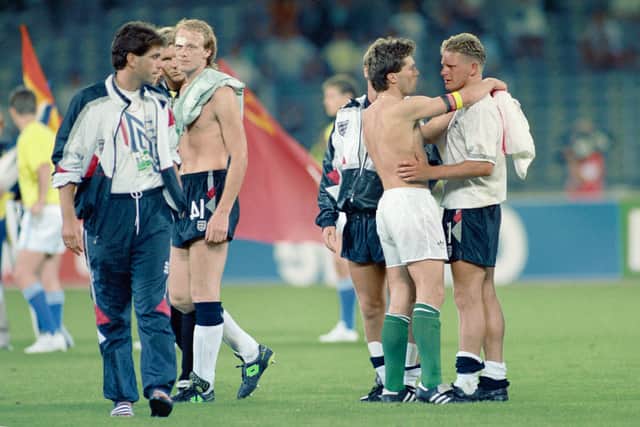 West Germany captain Lothar Matthaus consoles England player Paul Gascoigne after the 1990 FIFA World Cup semi final (Getty Images)