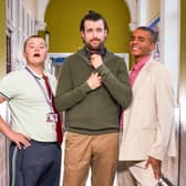 Charlie Wernham as Mitchell, Jack Whitehall as Alfie Wickers, and Layton Williams as Stephen in the Bad Education Reunion (Credit: BBC / Tiger Aspect Productions)