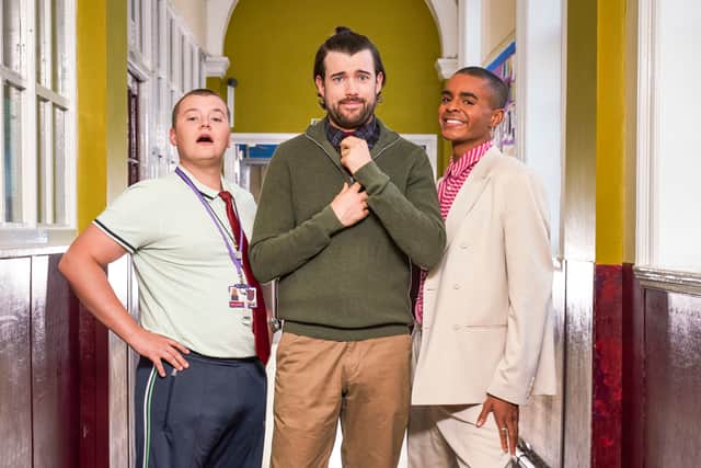 Charlie Wernham as Mitchell, Jack Whitehall as Alfie Wickers, and Layton Williams as Stephen in the Bad Education Reunion (Credit: BBC / Tiger Aspect Productions)