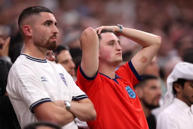 England fans react during theWorld Cup quarter final match against France (Photo by Julian Finney/Getty Images)