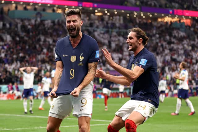 Olivier Giroud scores France’s second goal against England in quarter-final clash