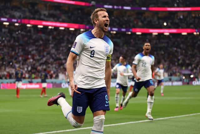 Kane celebrates scoring England’s penalty against France in World Cup quarter-final