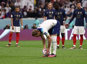Harry Kane prepares to take a penalty against France. He is now joint top scorer for England