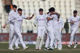 England celebrate another of Mark Wood’s wickets against Pakistan