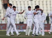 England celebrate another of Mark Wood’s wickets against Pakistan