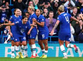 Sam Kerr and Chelsea celebrate scoring against Tottenham Hotspur