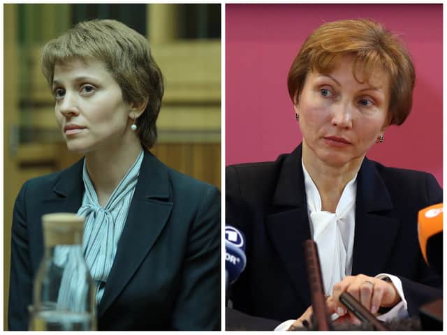 Margarita Levieva as Marina Litvinenko in Litvinenko; Marina Litvinenko attends a press conference in January 2016 (Credit: ITVX; Carl Court/Getty Images)