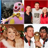 Clockwise from top left: Mr. Blobby, LadBaby and Martin Lewis, The Pogues, Lewis Capaldi, Baddiel & Skinners, and Mariah Carey