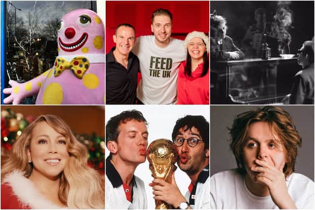 <p>Clockwise from top left: Mr. Blobby, LadBaby and Martin Lewis, The Pogues, Lewis Capaldi, Baddiel & Skinners, and Mariah Carey</p>